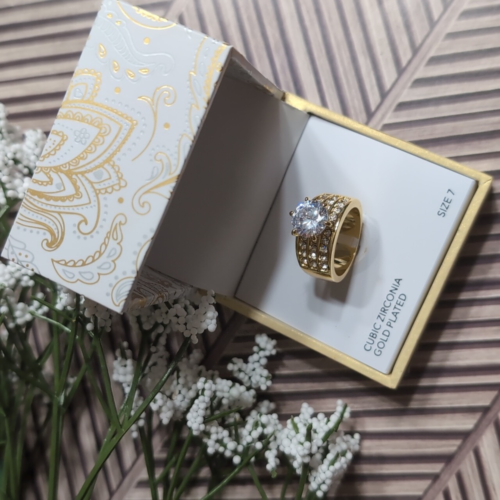 Charter Club Gold Plated Cubic Zirconia 3 Row Ring Large Crystal Size 7